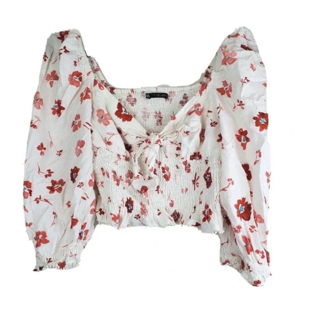 Zara Women's Medium White Floral Smocked Puff Sleeve Boho Top Cropped Linen